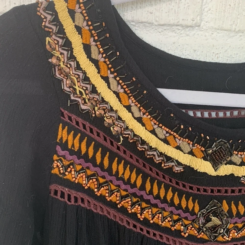Free People Embroidered Beaded Black Tiered Ruffle Mini Dress sz XS